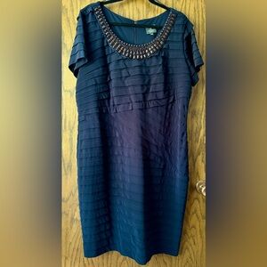 Adrianna Papell Shutter Pleat Formal Sheath Dress Navy Blue Beaded Size 18W